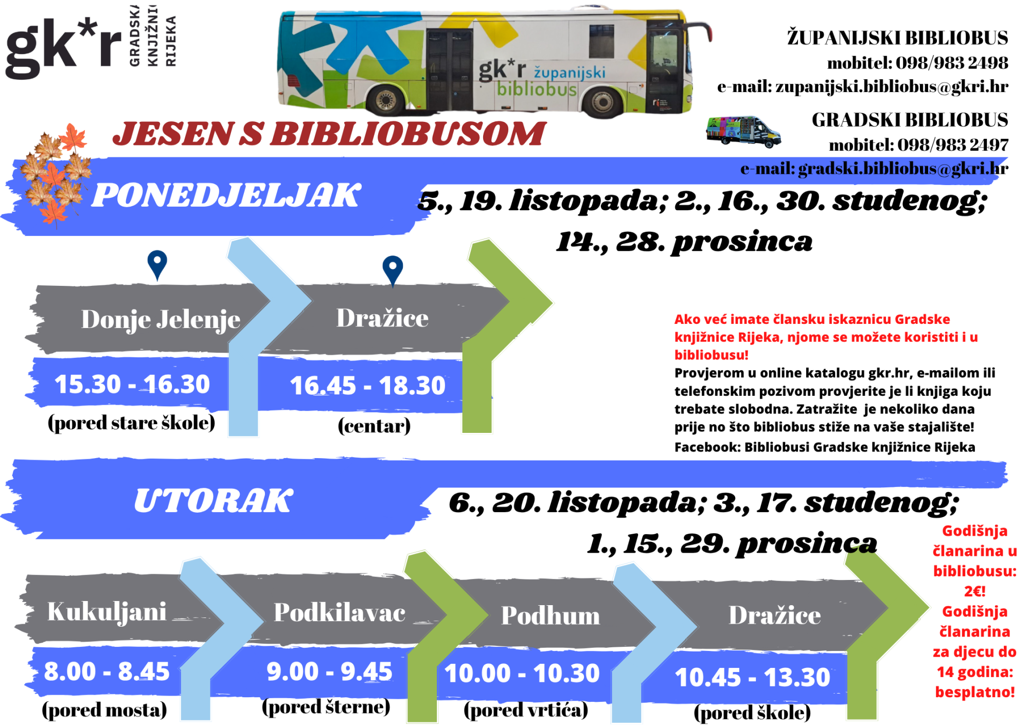 Raspored bibliobusnih stajališta u općini Jelenje za listopad, studeni i prosinac 2026.